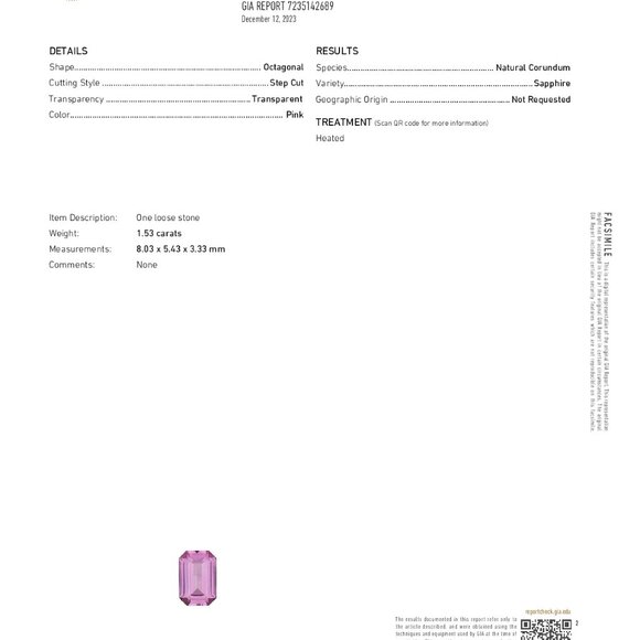 Emerald Natural Loose Sapphire (1.53 Ct Pink Vs2) Gia C53000108 - Picture 5 of 6